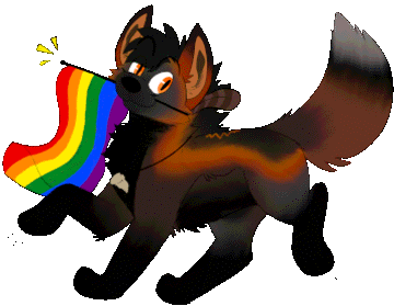 Tyler, a black and orange fox, trotting along with a rainbow pride flag in his mouth.